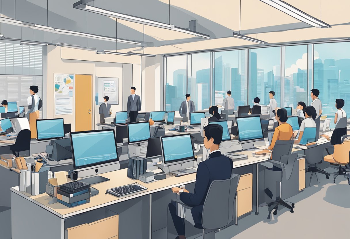 A bustling office with desks, computers, and people in professional attire. A sign reads "Employment Agency Singapore" on the wall