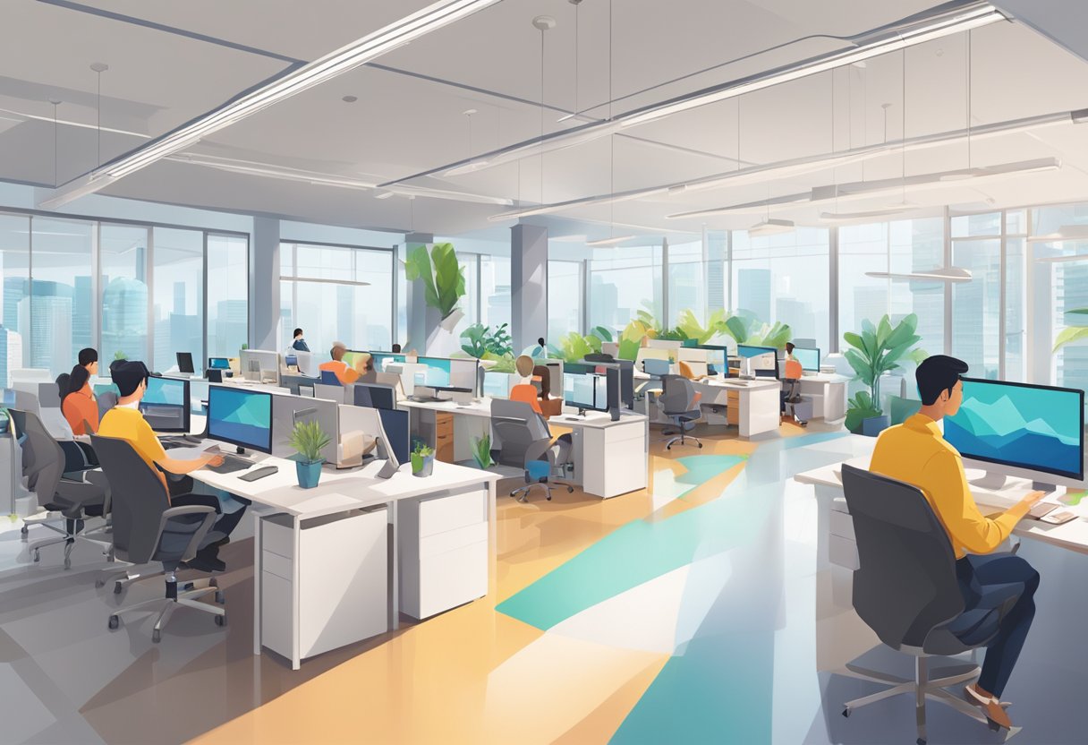 A bustling office in Singapore, with Google employees collaborating in a modern, vibrant workspace filled with natural light and cutting-edge technology