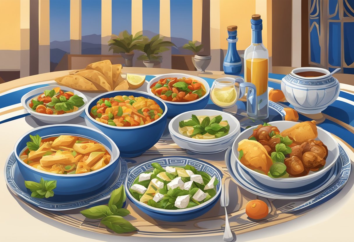 A table set with traditional Greek dishes, surrounded by vibrant decor and Greek music playing in the background