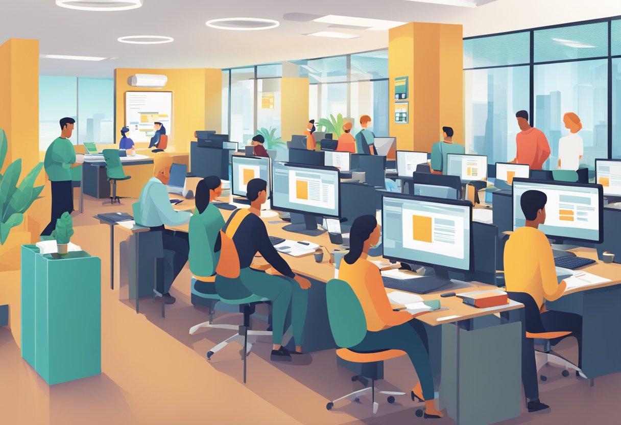 A bustling office setting with people at desks, computers, and a large "Frequently Asked Questions" sign displayed prominently