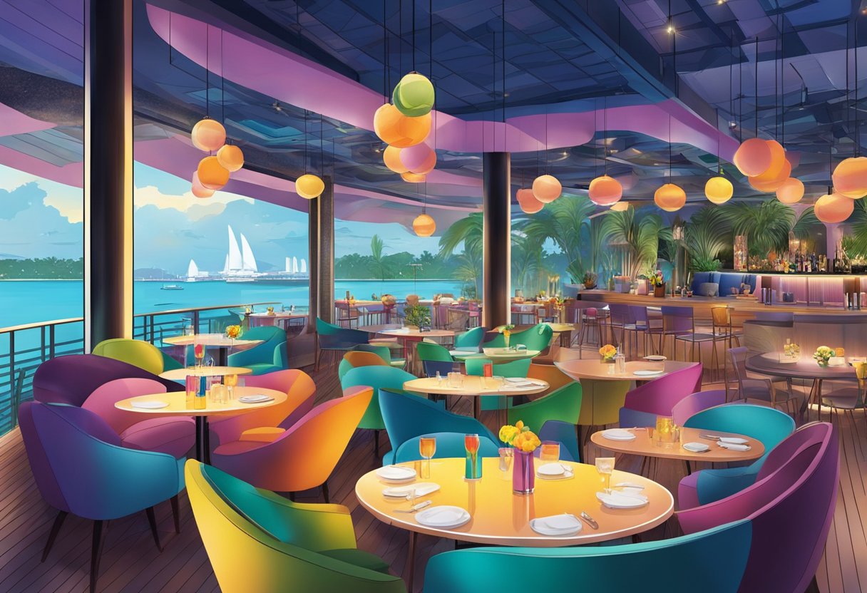 A vibrant dining and leisure scene at W Singapore Sentosa Cove, with colorful cocktails, stylish dining areas, and a relaxed, luxurious atmosphere
