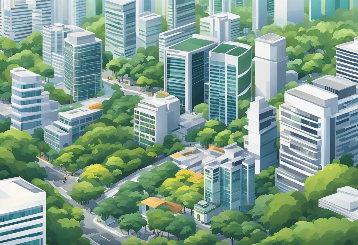 A bustling Singapore cityscape with the iconic Google office building in the background, surrounded by lush greenery and modern architecture