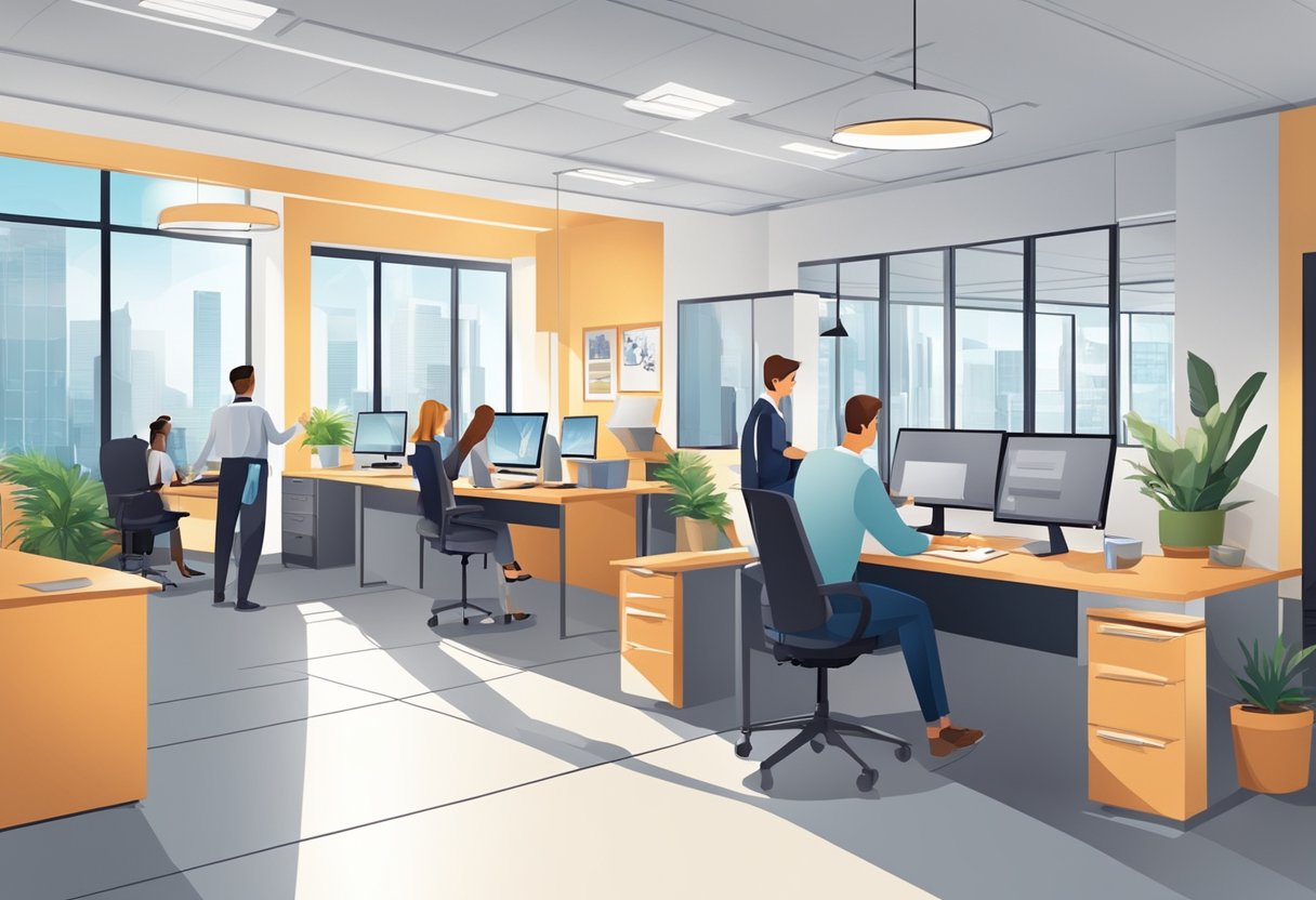 A bustling office with employees assisting job seekers and employers. Brightly lit with modern decor and a professional atmosphere