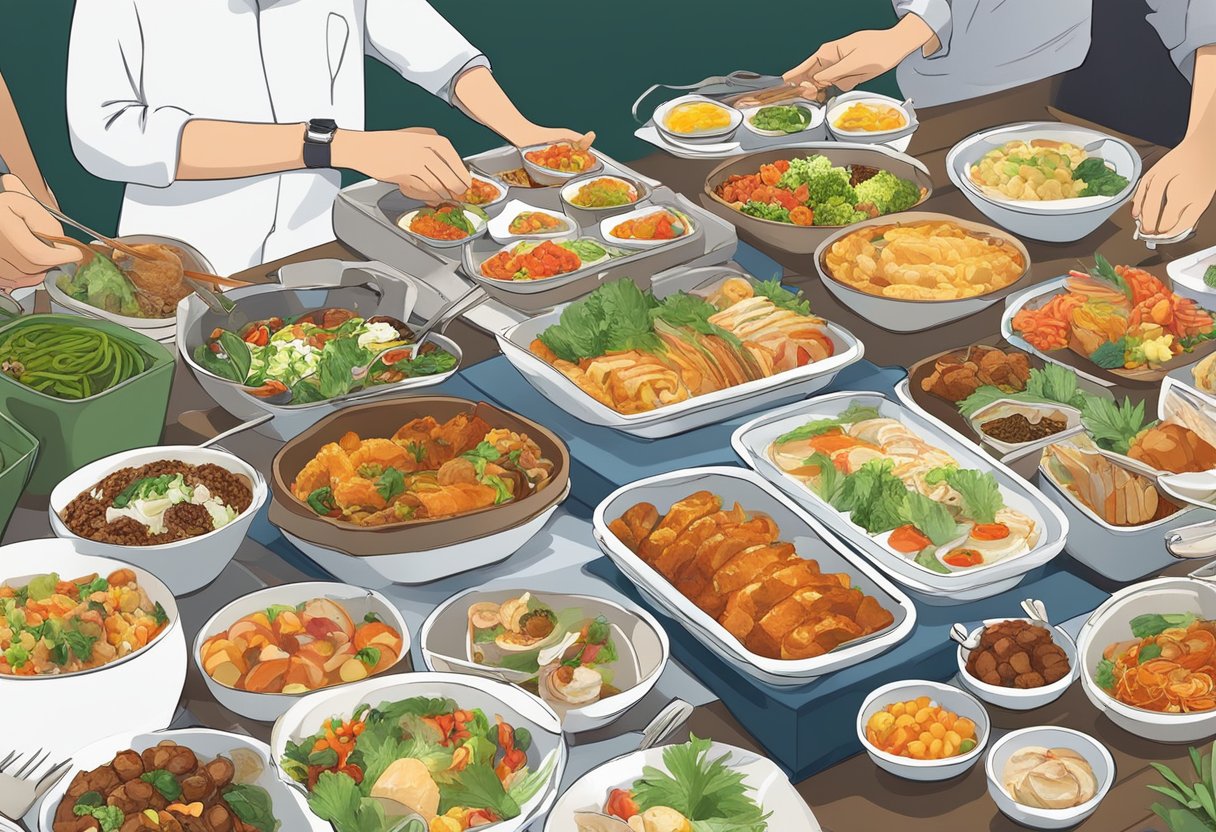 Customers sampling various dishes at a bustling Singapore lunch buffet, with an array of colorful and aromatic food spread out on a long table