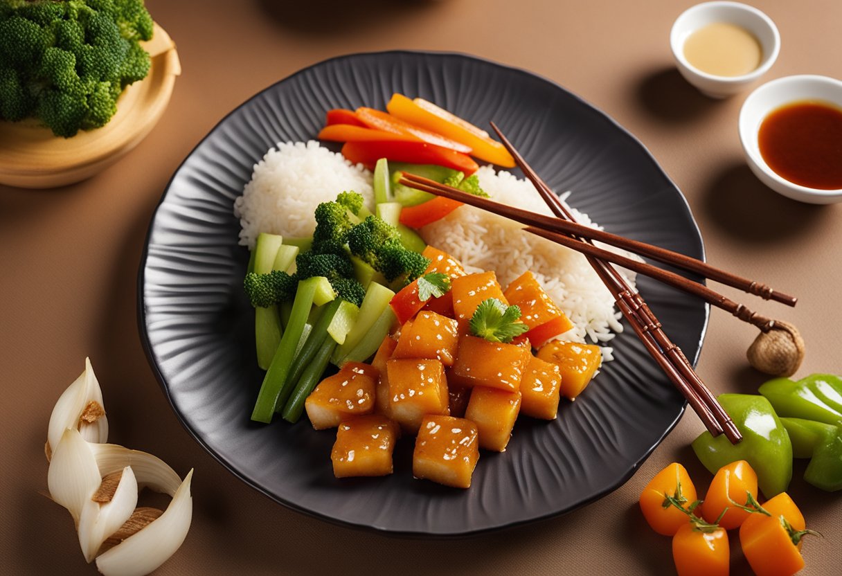 A plate of sweet and sour fish with colorful vegetables and a tangy sauce, surrounded by chopsticks and a small dish of dipping sauce