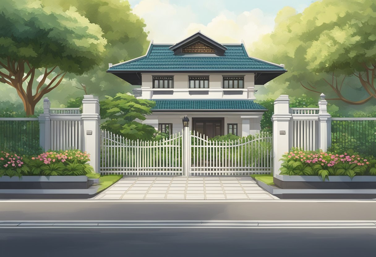 A traditional Singaporean bungalow surrounded by lush greenery and a well-manicured garden, with a gated entrance and a private driveway