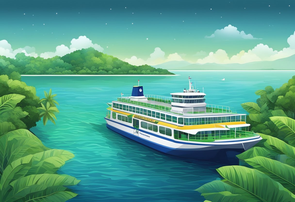 A ferry sails from Singapore to Bintan, crossing the sparkling blue waters with lush green islands in the distance