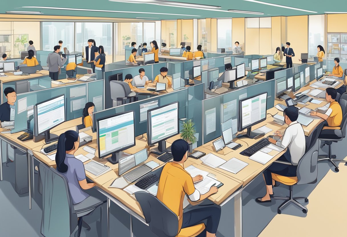 A bustling Singaporean employment agency with staff assisting clients, posting job listings, and conducting interviews