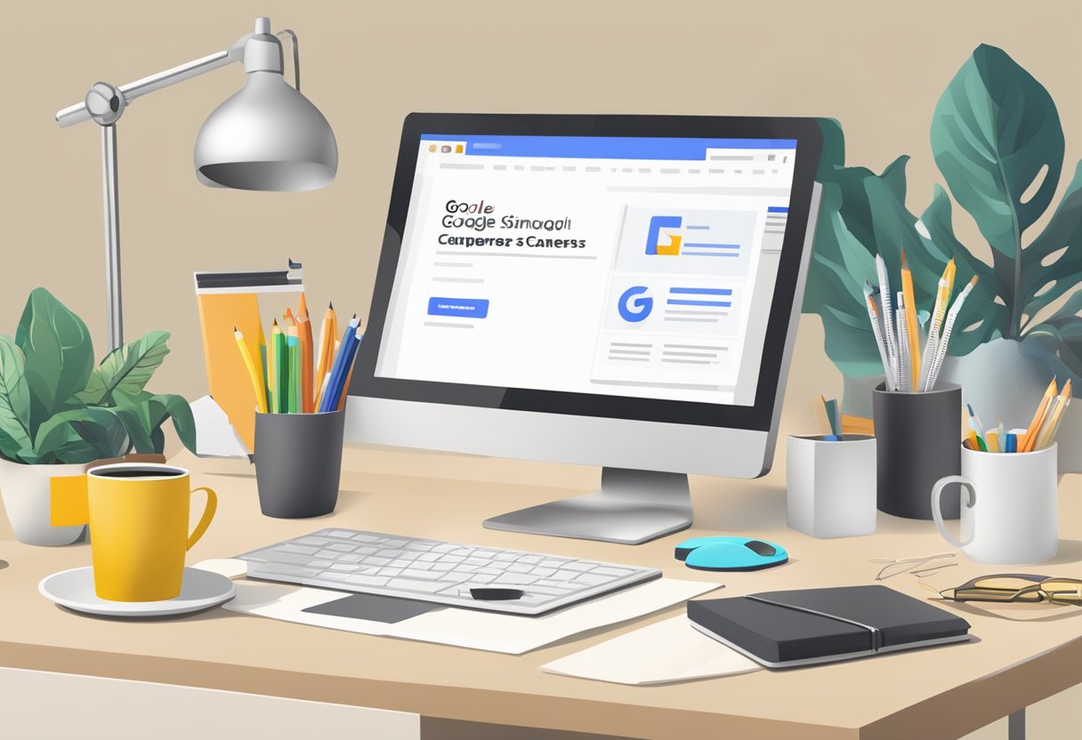 A computer with Google Careers Singapore website open, surrounded by office supplies and a cup of coffee