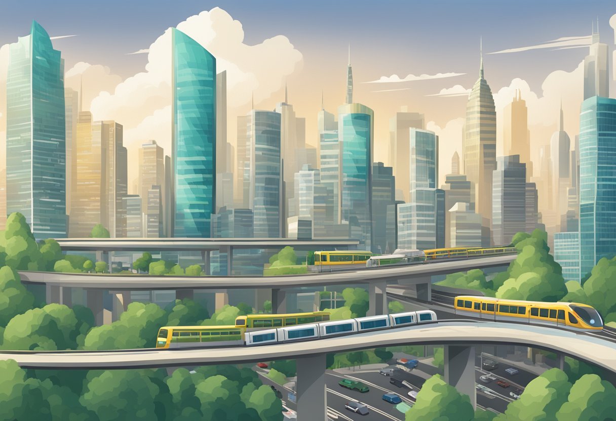A bustling city skyline with tall buildings and clean, efficient public transportation, with visible signs of environmental consciousness and sustainability efforts