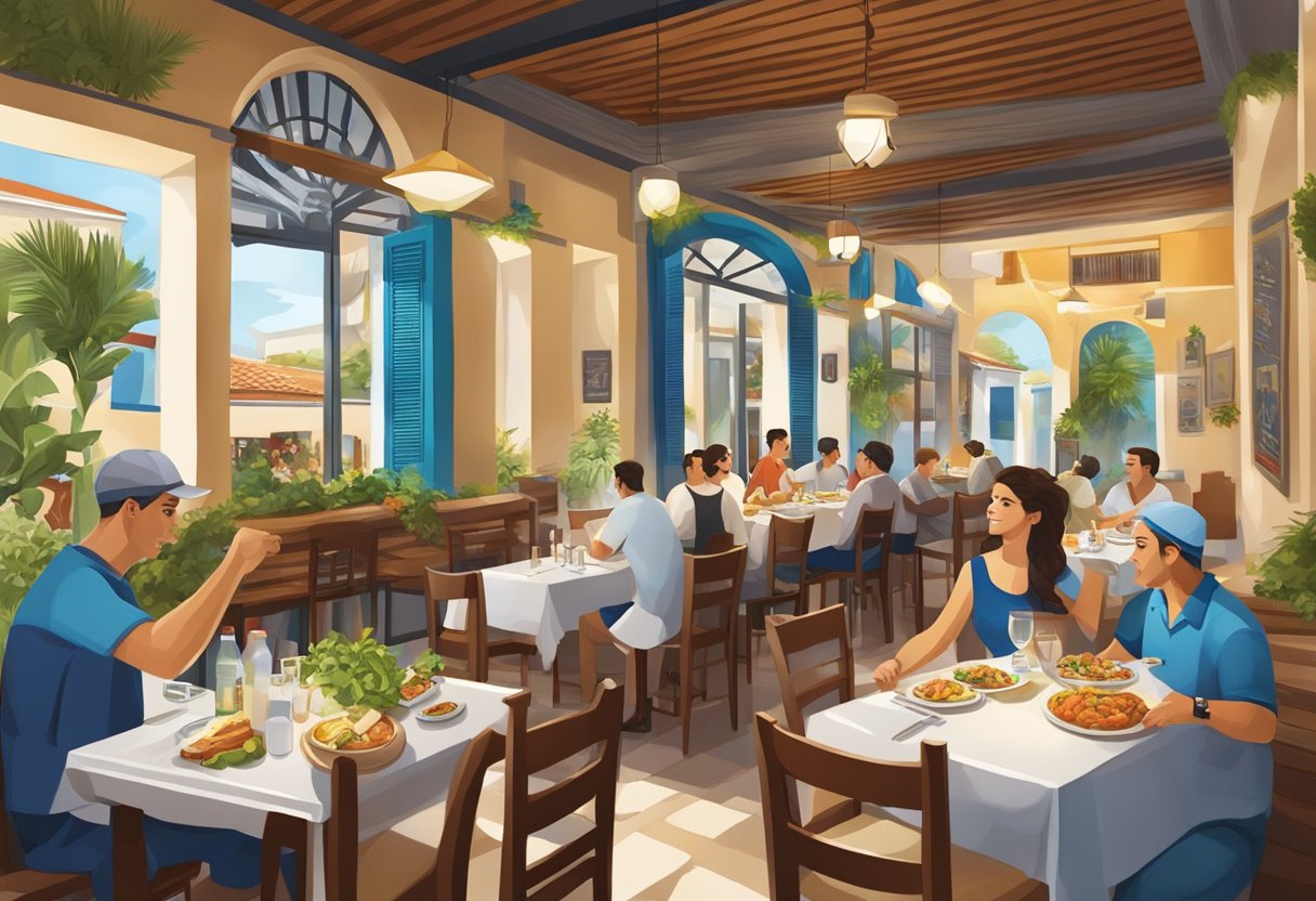 A bustling Greek restaurant in Singapore, with colorful decor, lively music, and the aroma of sizzling souvlaki filling the air