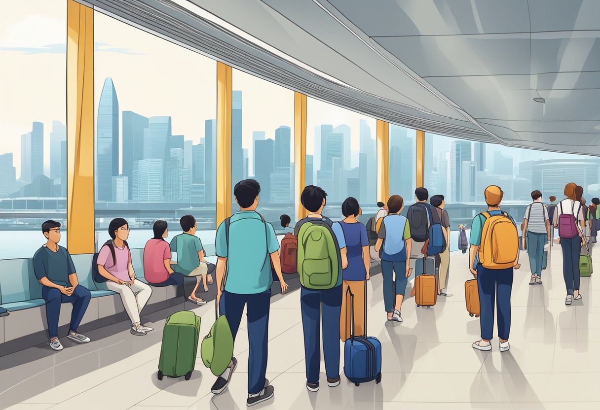 Passengers waiting in a modern ferry terminal, with a clear view of the Singapore skyline in the background. A large ferry is docked at the terminal, ready to depart for Bintan island