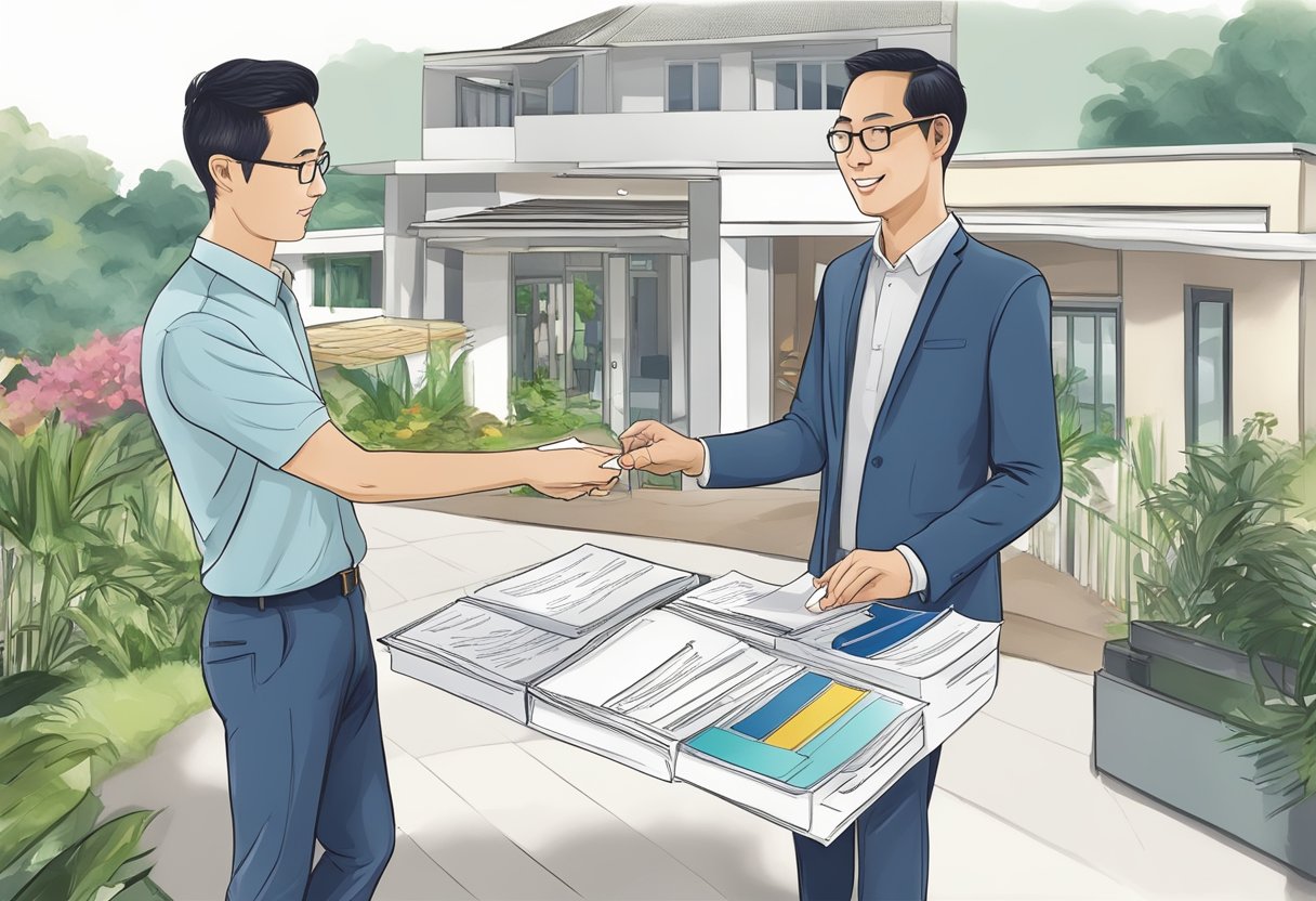 A buyer and seller exchanging keys and documents for a piece of landed property in Singapore