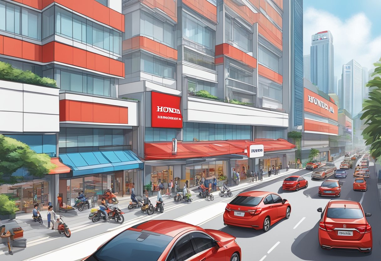 A bustling city street in Singapore with a prominent Honda dealership and various Honda vehicles on display. The iconic red Honda logo is prominently featured on the building facade