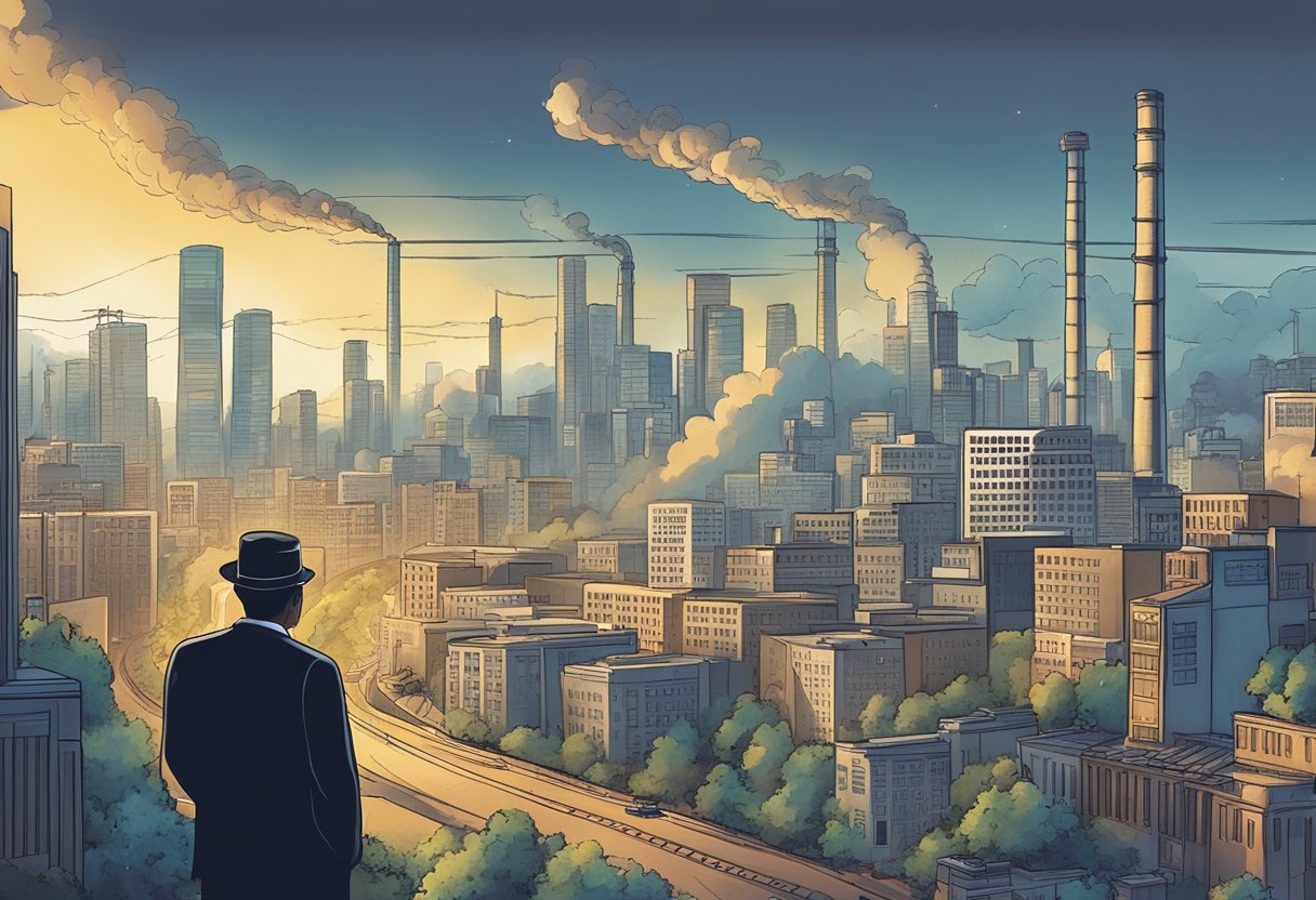 A bustling city skyline with industrial buildings emitting carbon emissions, while a government official discusses carbon tax policies with business owners