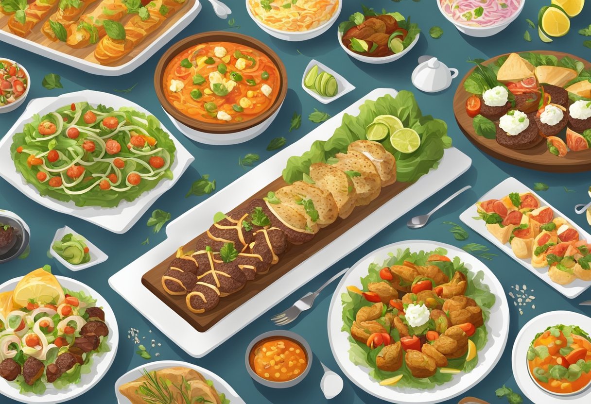 A colorful array of diverse cuisines spread out on a long buffet table, with steam rising from the hot dishes and vibrant garnishes adorning the cold salads and appetizers