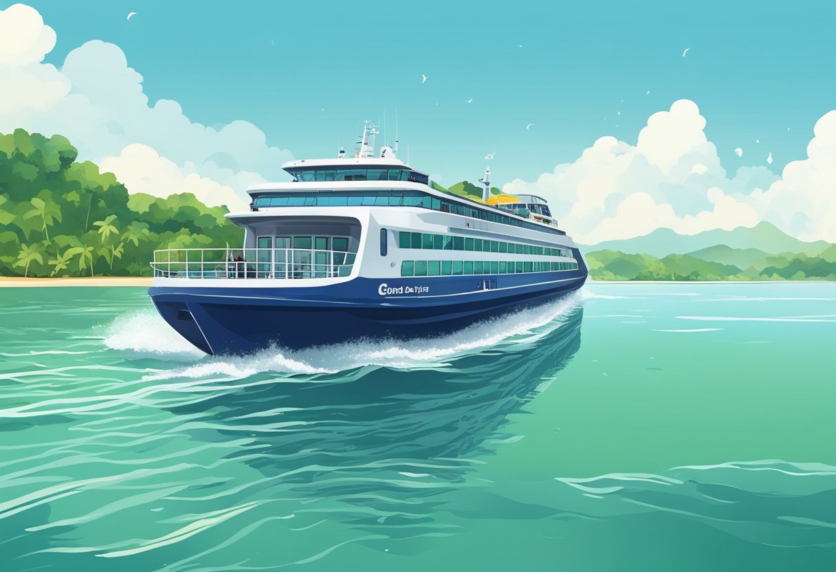 The ferry glides across the sparkling waters from Singapore to Bintan, with lush green islands in the distance and a clear blue sky above
