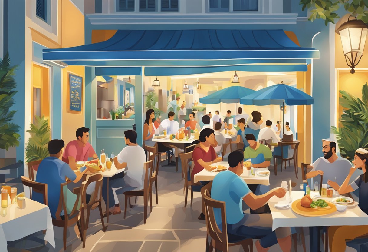 A bustling Greek restaurant in Singapore, with colorful decor and diners enjoying traditional dishes