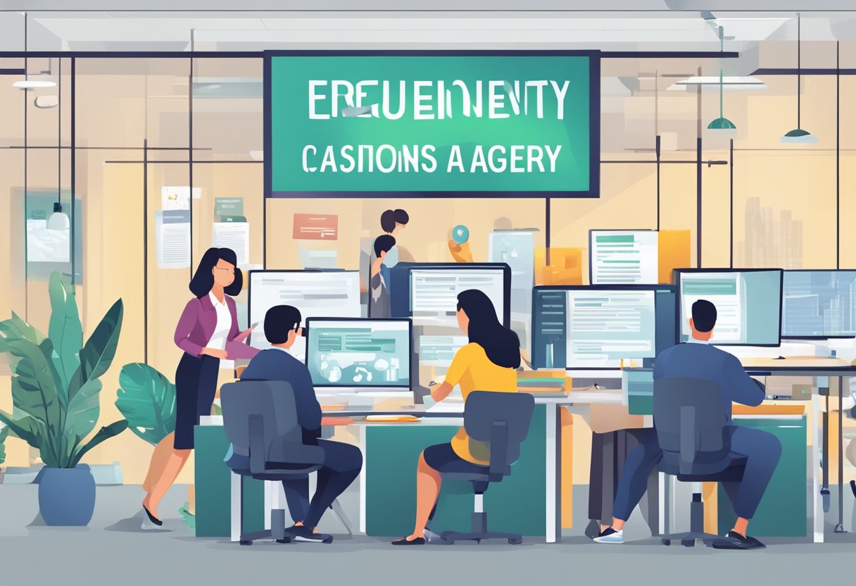 A bustling office with a sign "Frequently Asked Questions Employment Agency Singapore" and people discussing job opportunities