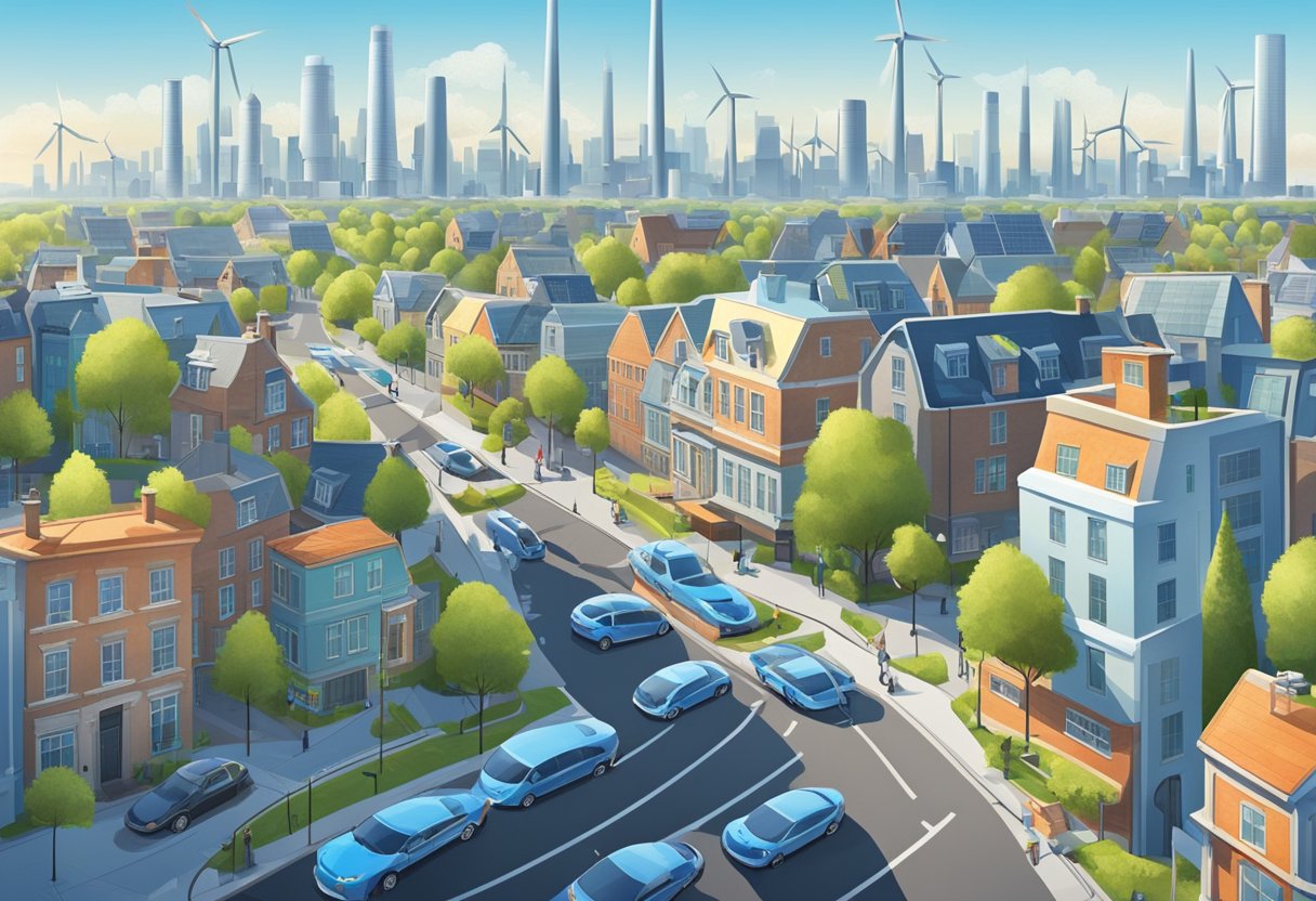 A bustling city skyline with smokestacks replaced by wind turbines and solar panels, while electric vehicles fill the streets under a clear blue sky