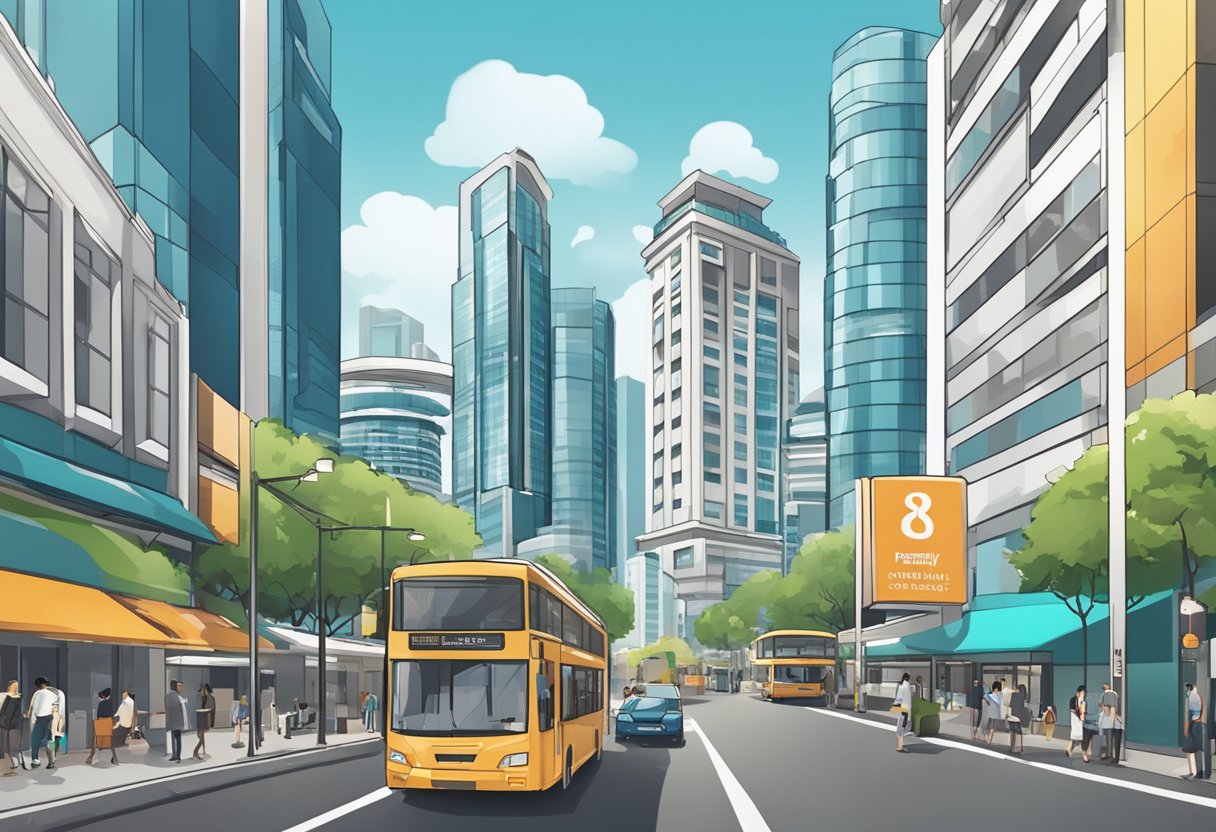 A modern cityscape with tall buildings and a bustling street scene in Singapore, with a prominent "Frequently Asked Questions" sign on a commercial property