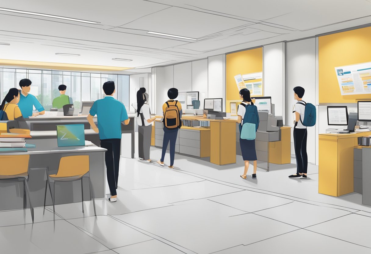 The Singapore Institute of Technology's admissions office is bustling with students and staff. Financial support brochures are displayed on the front desk