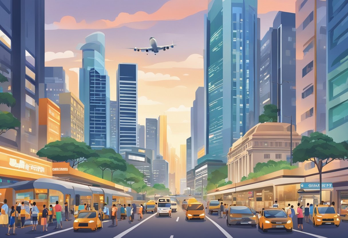 A bustling city skyline with a prominent government building, surrounded by a mix of commercial and residential buildings. The streets are filled with people and vehicles, showcasing the vibrant urban life of Singapore