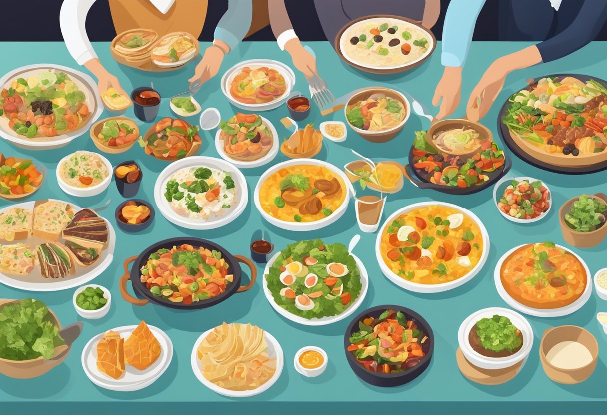 A colorful buffet spread with a variety of dishes, neatly arranged on a table with labels. Customers serving themselves and chatting in the background