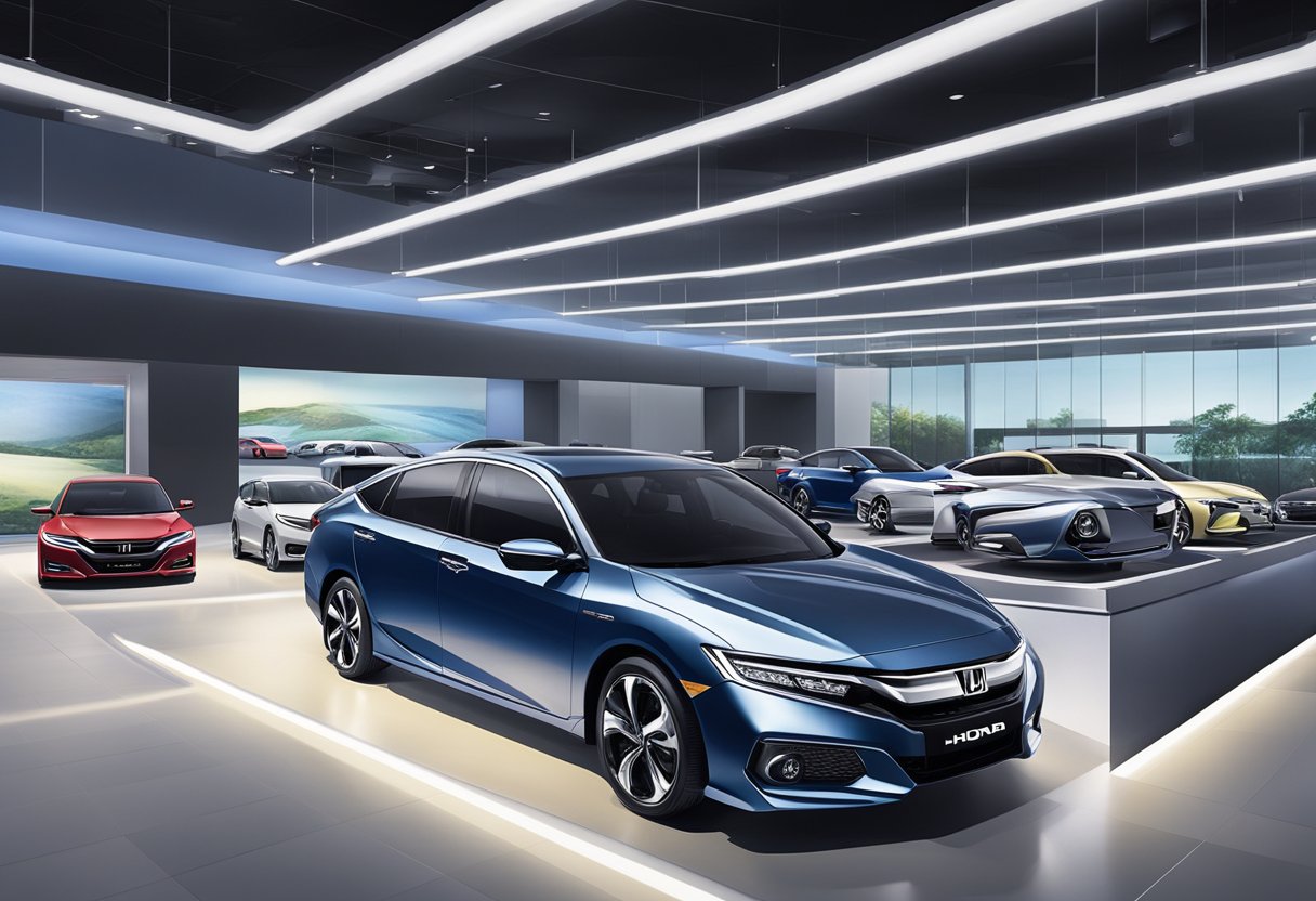 Honda's lineup in Singapore: a sleek showroom with various models displayed, from compact cars to spacious SUVs, all shining under bright spotlights