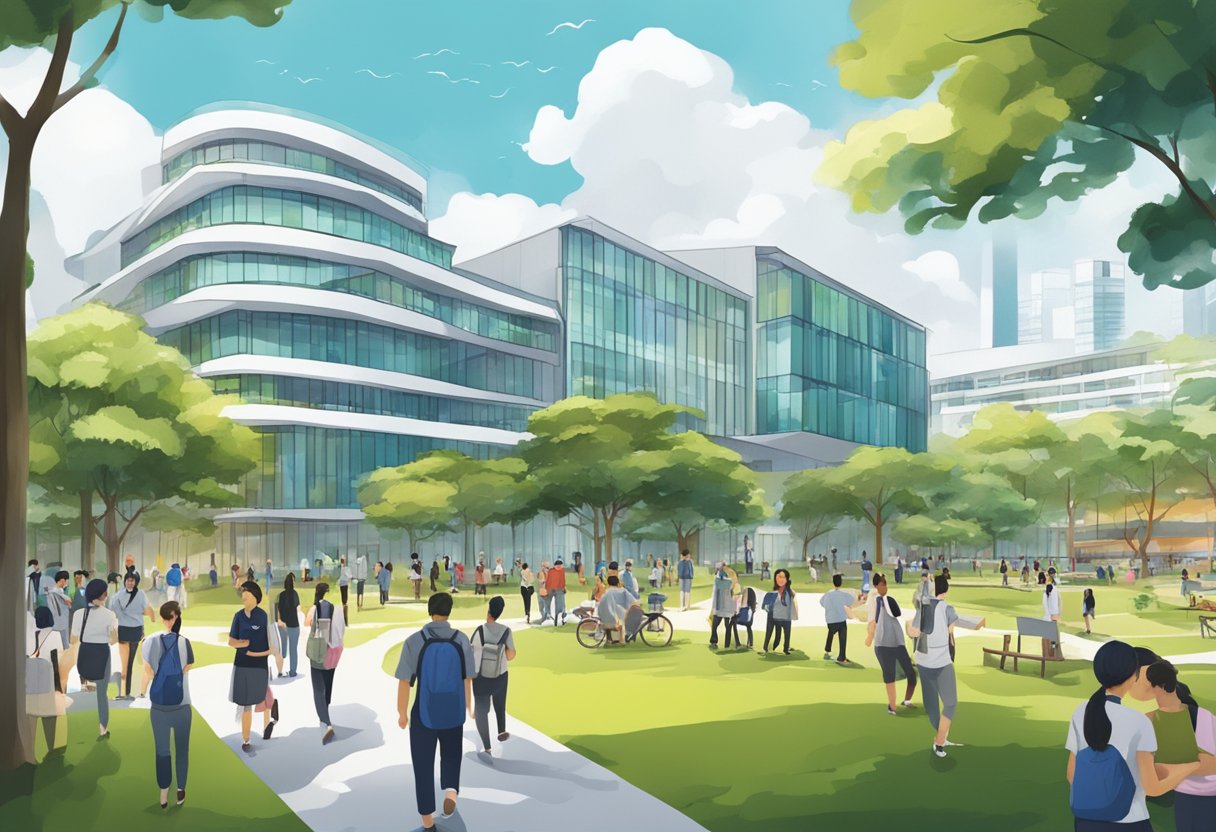 A bustling campus with students and staff interacting at the Singapore Institute of Technology. Buildings and green spaces create a vibrant atmosphere