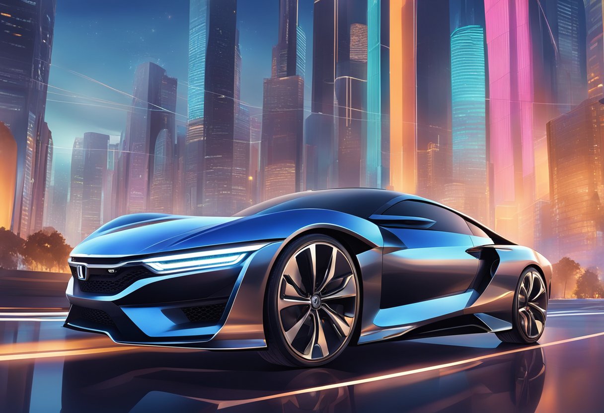 A sleek Honda car with advanced tech and safety features, surrounded by futuristic cityscape