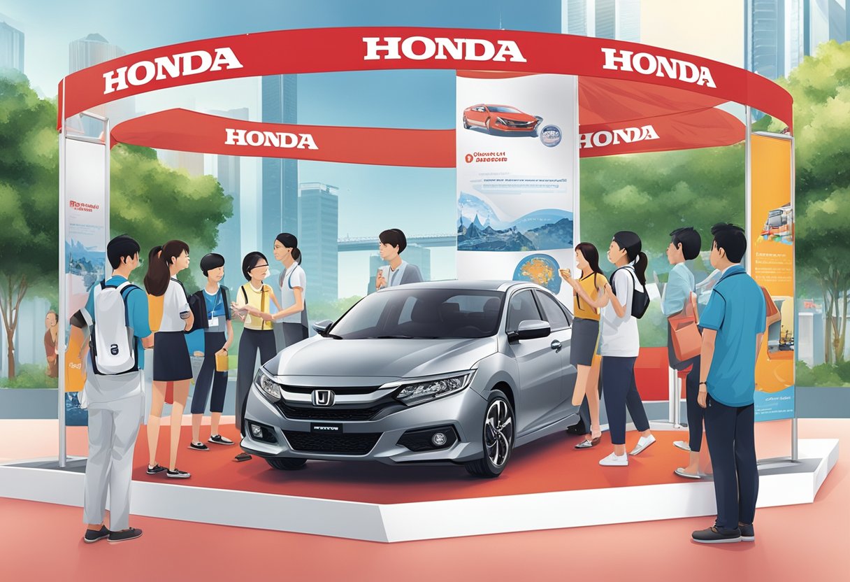 A group of people gathered around a Honda Singapore booth, asking questions and receiving information. The booth is decorated with banners and brochures