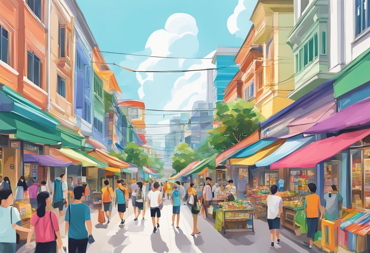 A bustling street in Singapore's Kipling district, with colorful shops and vibrant street art lining the sidewalks