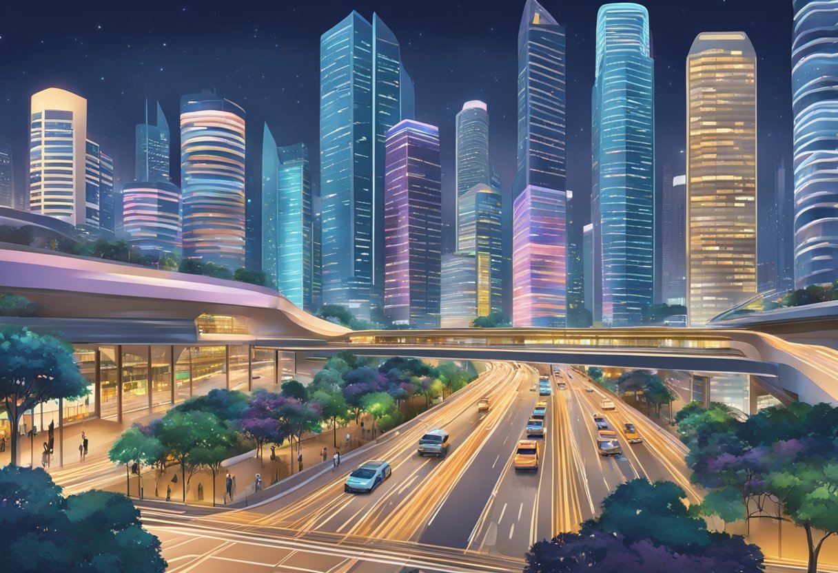 Busy city streets with towering skyscrapers, bustling traffic, and vibrant lights in Singapore
