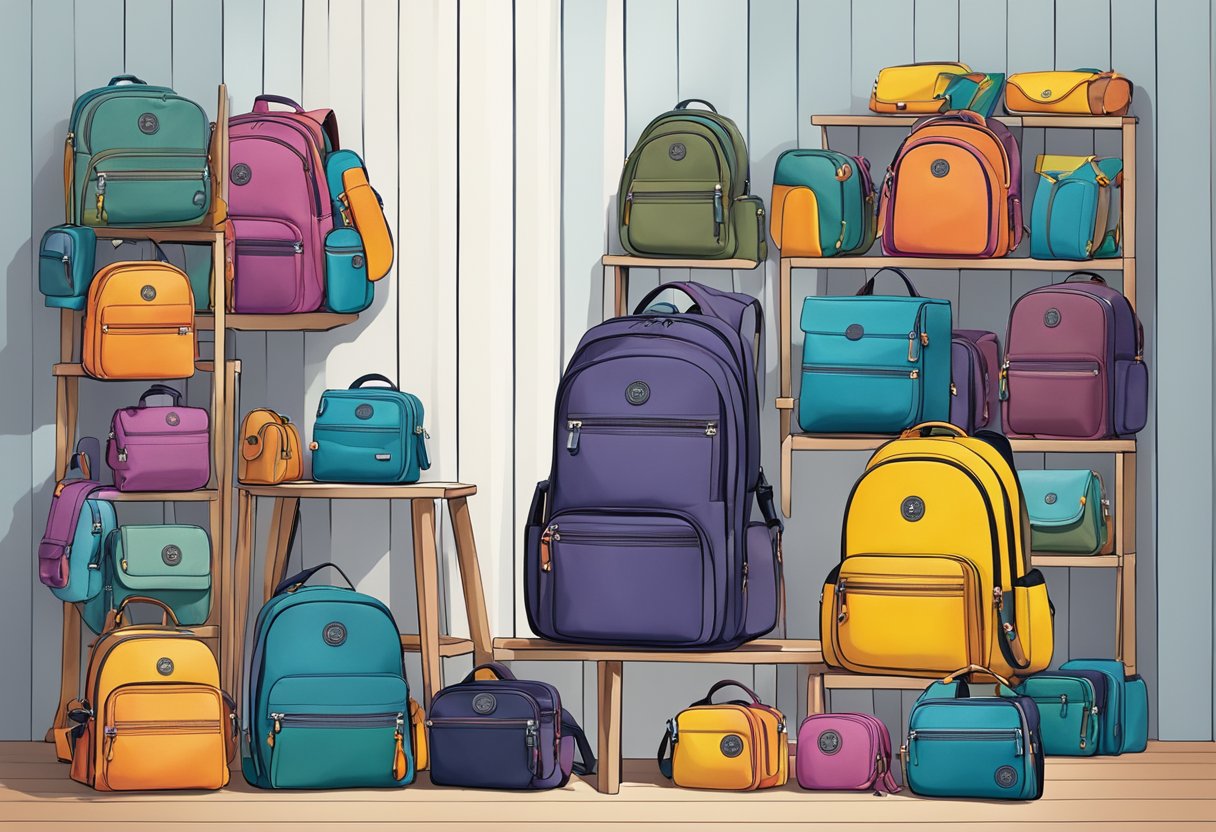 A colorful display of Kipling's product range, including backpacks, handbags, and accessories, arranged in an organized and eye-catching manner