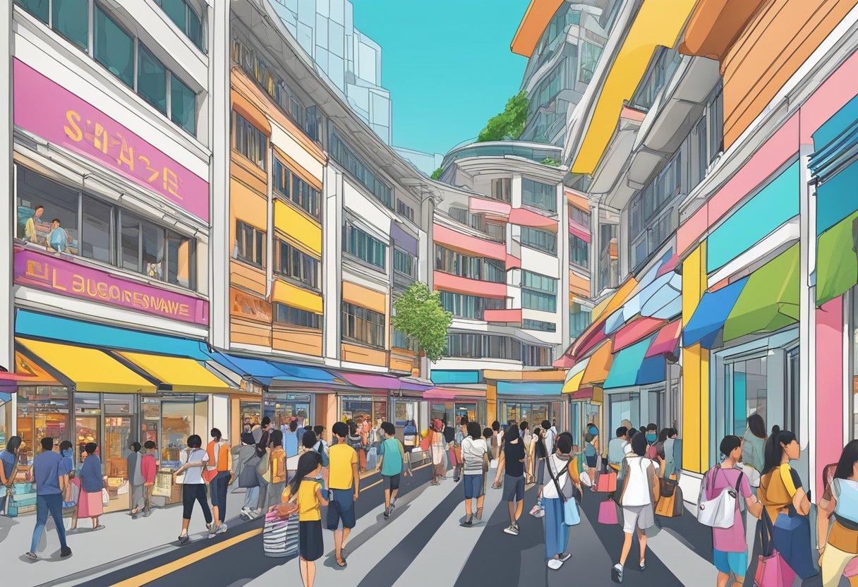 Queensway Shopping Centre, Singapore. Bustling with shoppers and vibrant storefronts. Iconic architecture and colorful signage