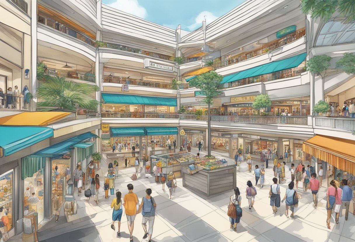 The bustling Queensway Shopping Centre in Singapore showcases a rich history and diverse offerings, with vibrant storefronts and a constant flow of shoppers