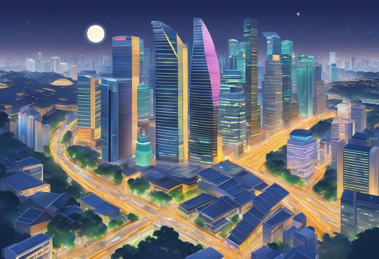 Busy streets, towering skyscrapers, and vibrant city lights illuminate the bustling city of Singapore