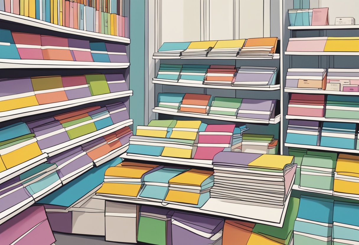 A stack of colorful "Frequently Asked Questions" brochures on a sleek, modern counter in the Kipling Singapore store
