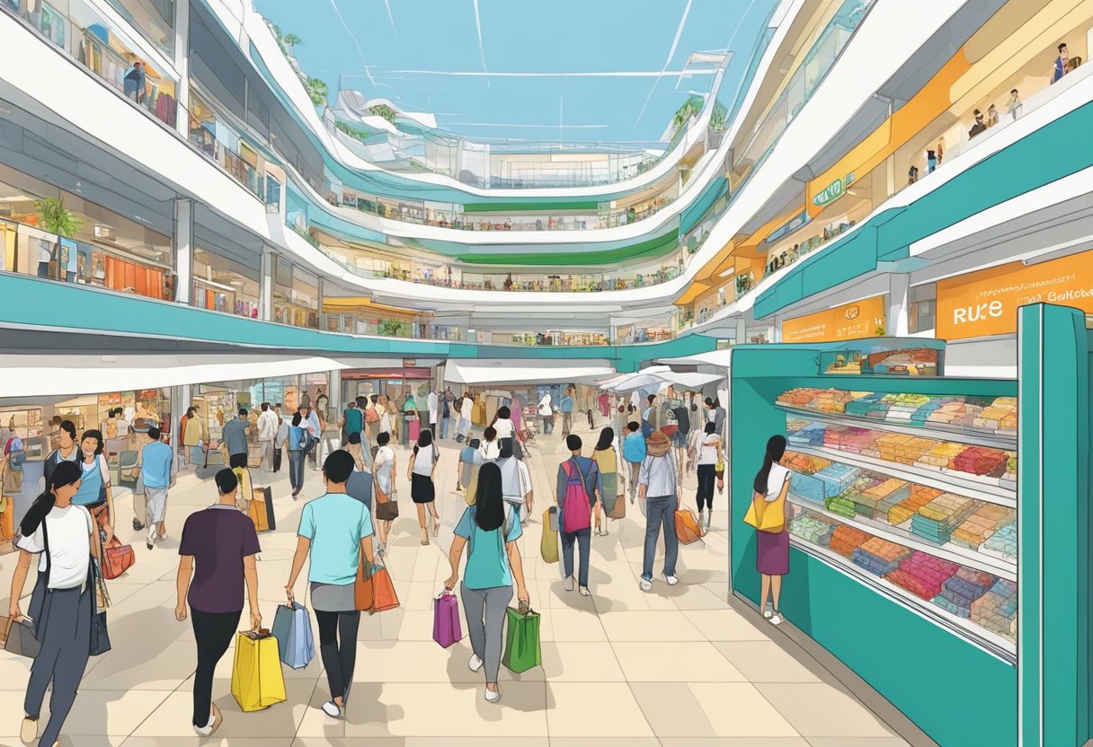 Busy shoppers at Queensway Shopping Centre, Singapore. Stores and services line the bustling street