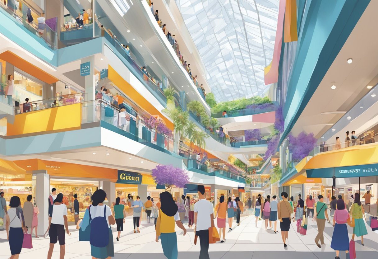 The bustling Queensway Shopping Centre in Singapore, with shoppers browsing and interacting with vendors, creating a lively and vibrant atmosphere
