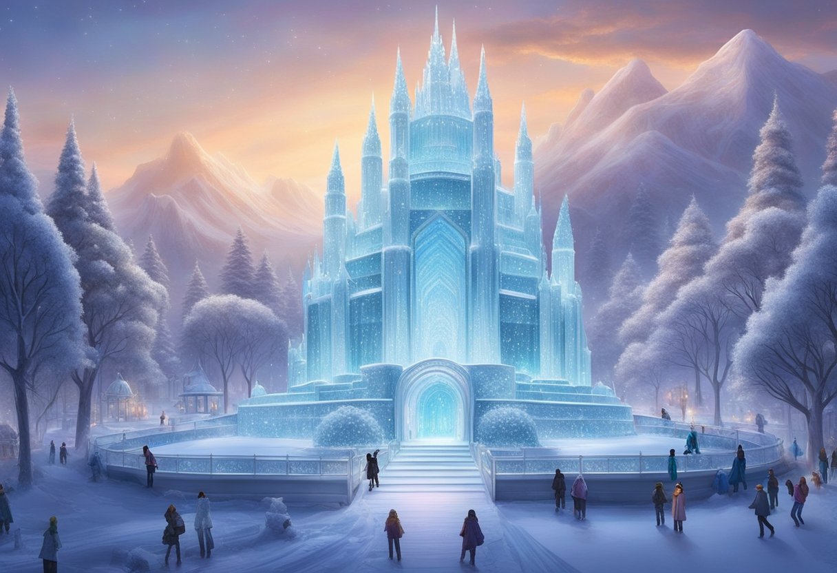 A shimmering ice palace rises from the heart of Singapore, surrounded by frozen gardens and sparkling sculptures. The air is filled with a magical chill, and the entire scene glows with an otherworldly beauty