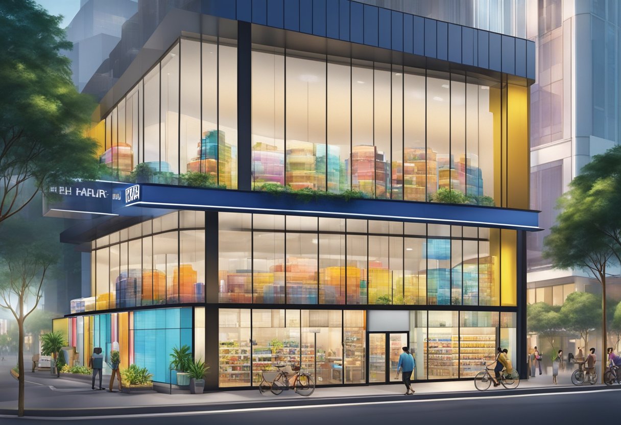 The city chain store in Singapore offers a variety of products and services. The storefront features a modern, sleek design with large windows and a prominent logo. The bustling city street is reflected in the glass, showing the vibrant urban atmosphere