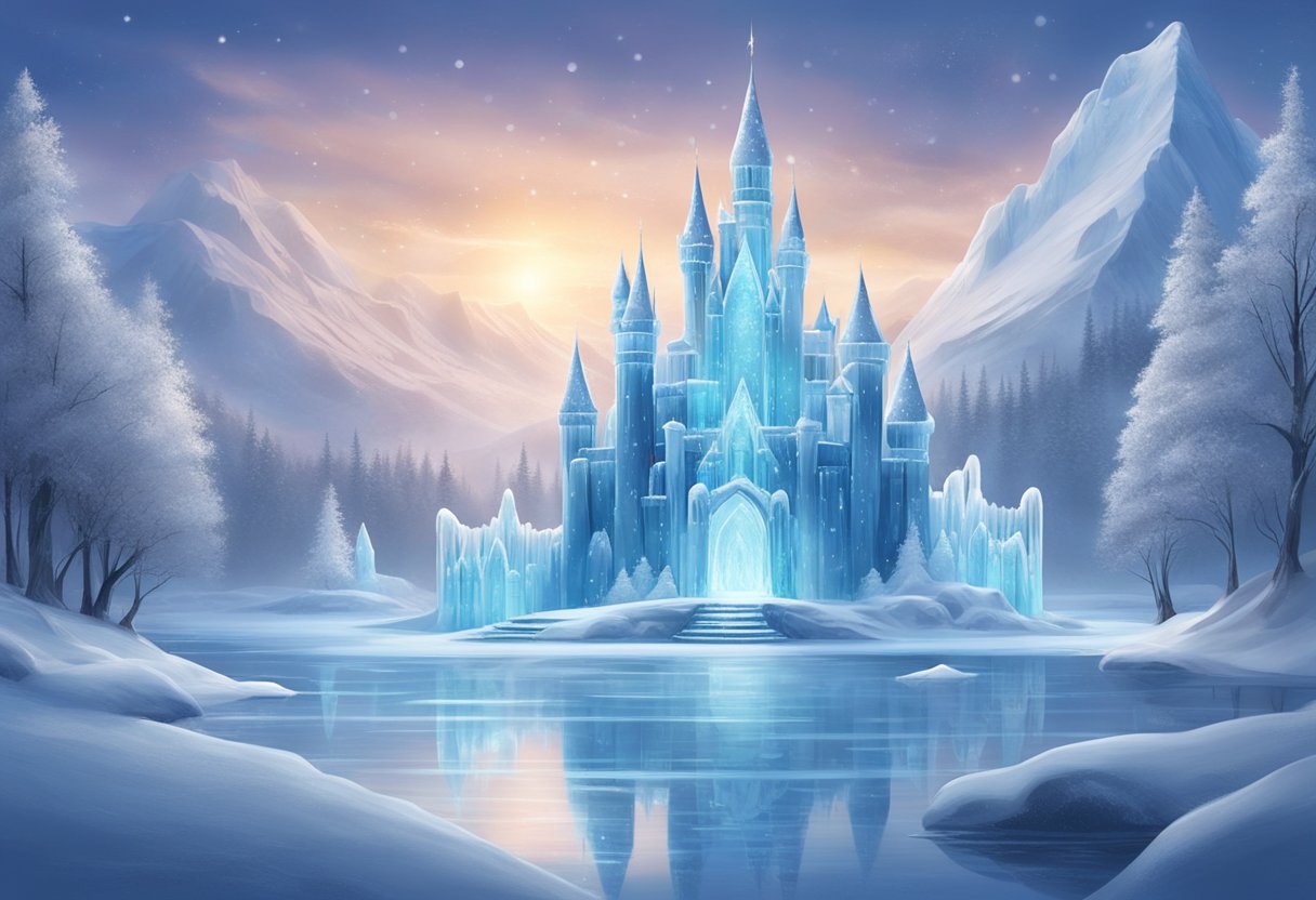 A majestic ice castle rises from a frozen lake, shimmering with enchanted lights and intricate ice sculptures, surrounded by swirling snowflakes and ethereal mist