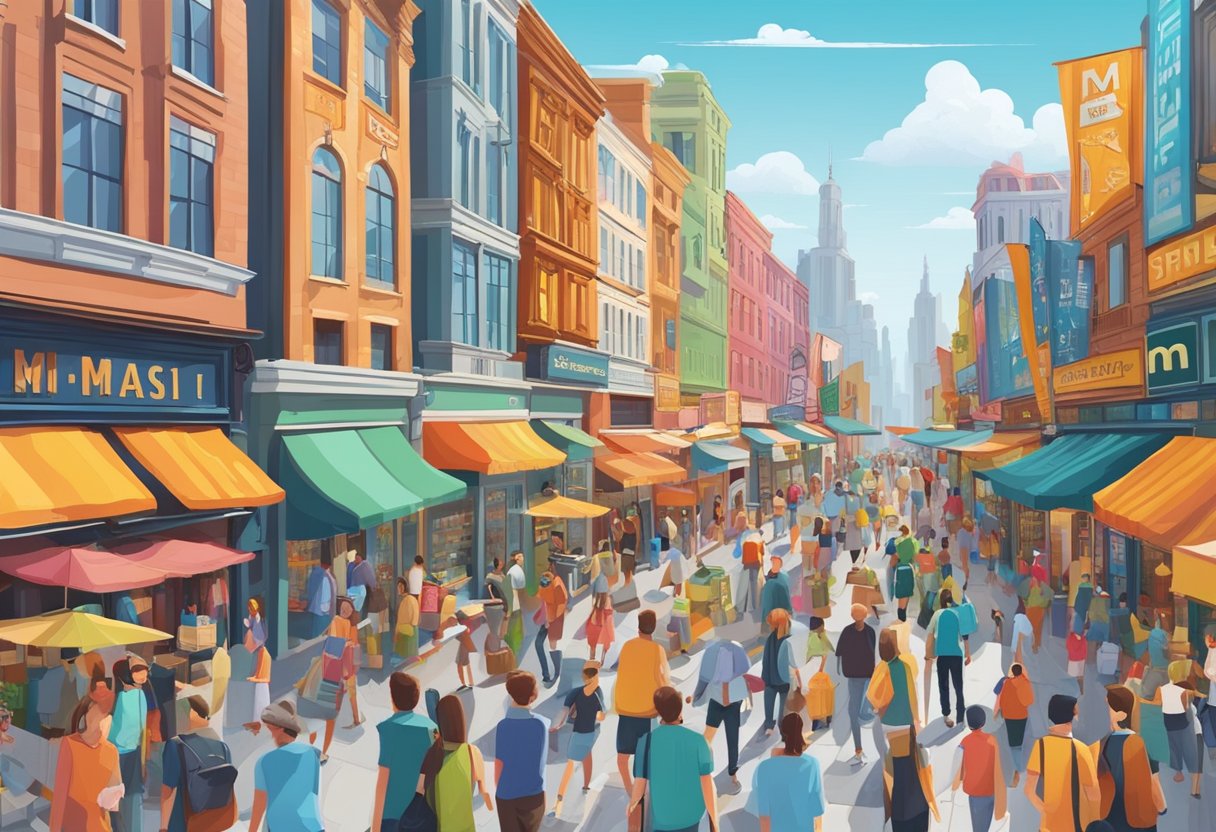 Busy street with colorful storefronts, bustling with shoppers and tourists. Iconic M1 shop sign stands out amidst the vibrant cityscape