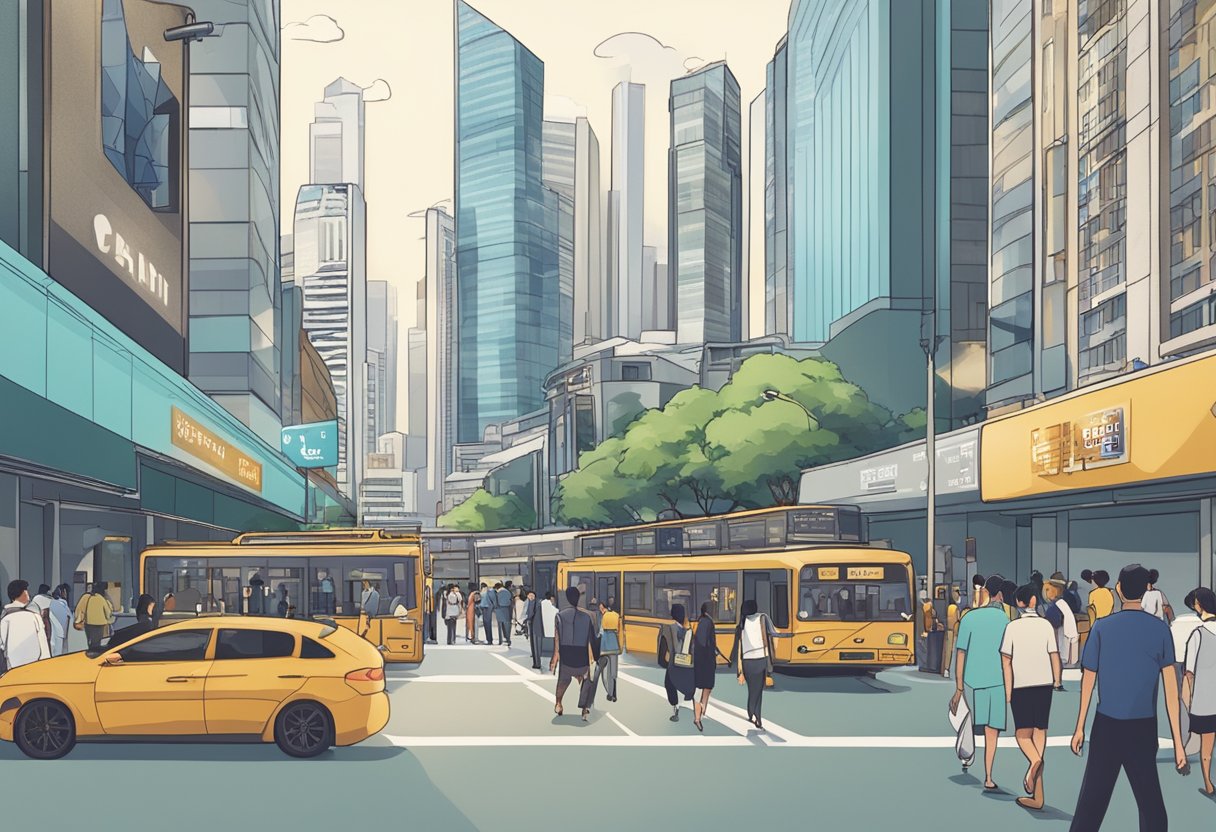 A bustling city street with tall buildings and busy pedestrians, featuring a prominent sign reading "Frequently Asked Questions city chain singapore"