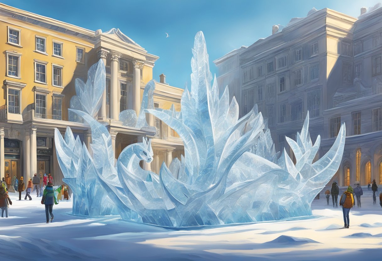 Ice sculptures glisten in the sunlight, depicting famous landmarks and creatures. Visitors marvel at the intricate designs and interactive exhibits