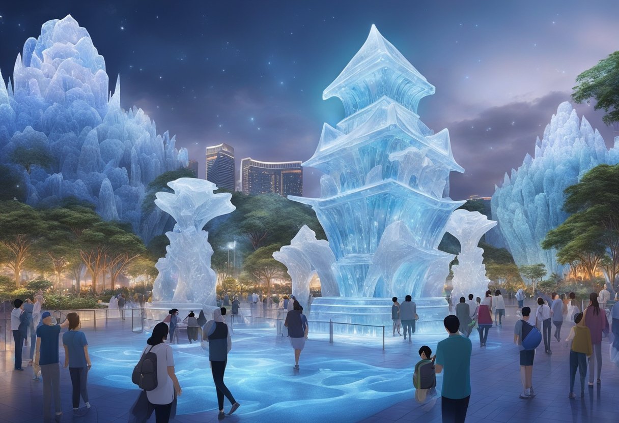 A mesmerizing display of ice sculptures and magical effects in the enchanting setting of Singapore, captivating visitors with its wondrous and spellbinding ambiance