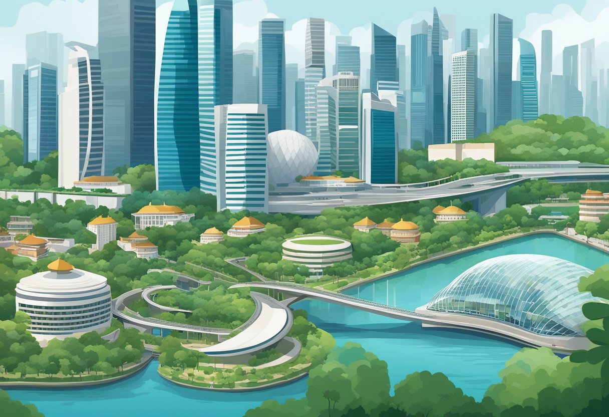 A bustling cityscape with modern skyscrapers and lush greenery, featuring the iconic landmarks of Singapore such as the Marina Bay Sands and the Singapore Flyer