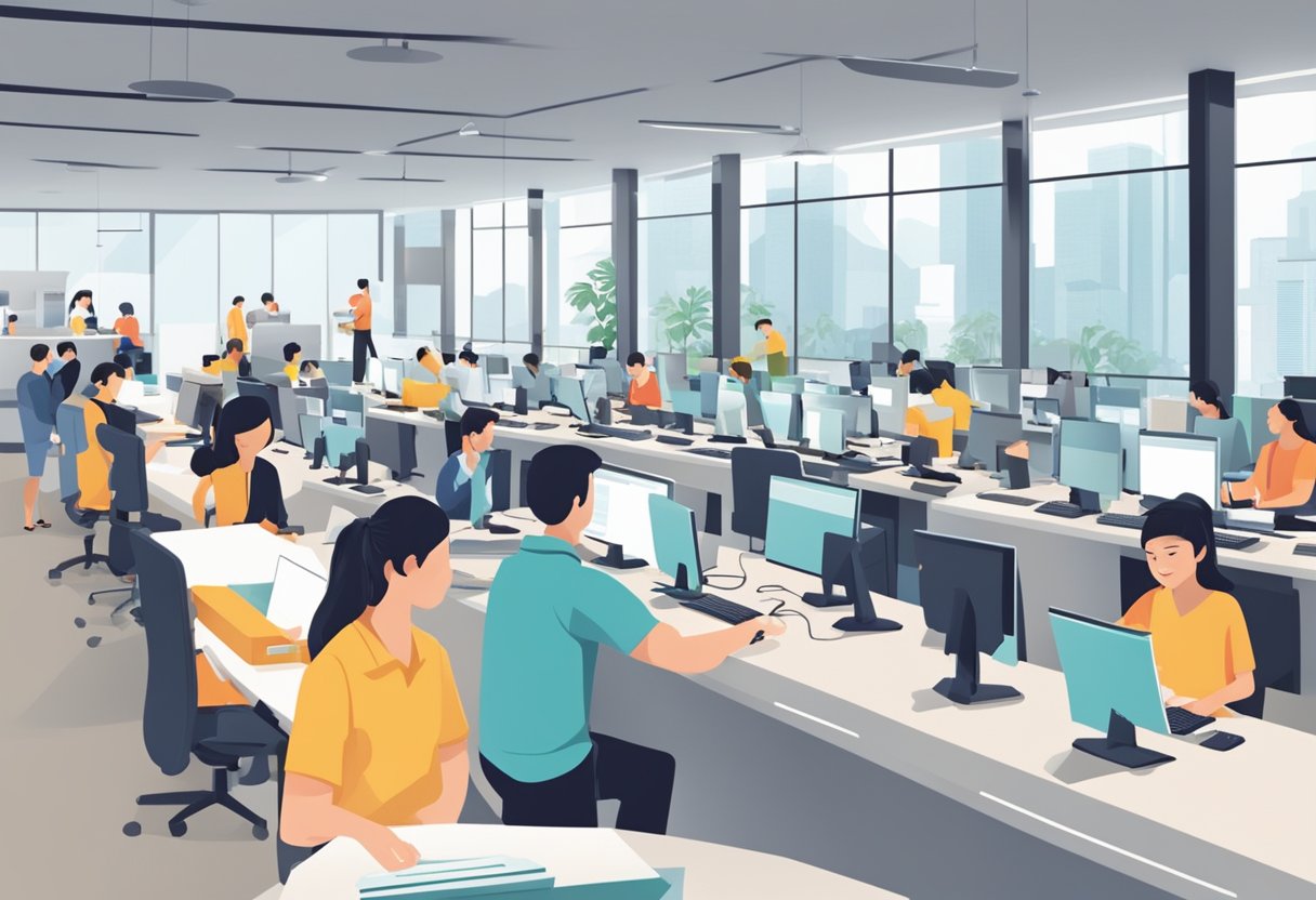 Customers receiving assistance at a modern, organized support desk in a bustling M1 shop in Singapore